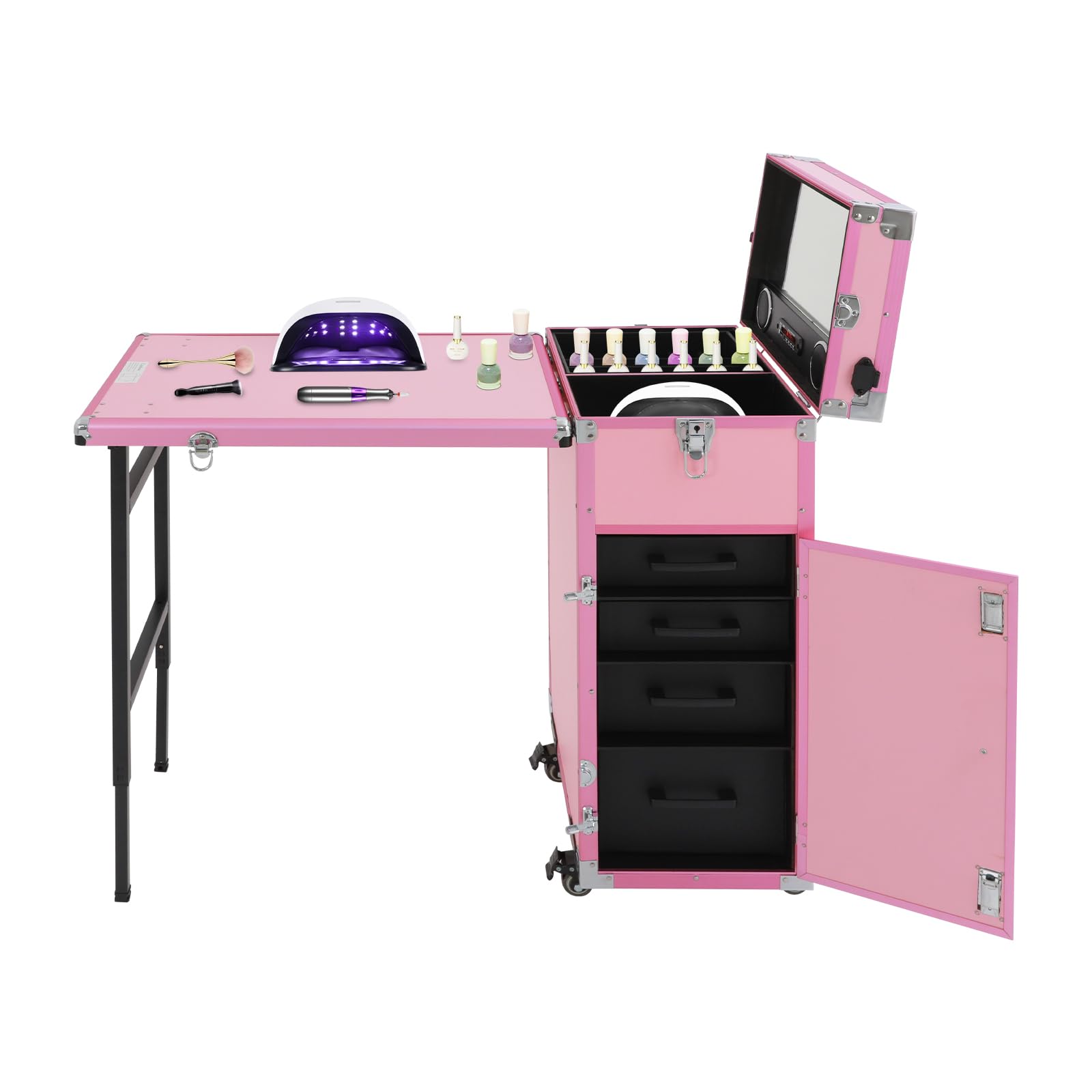 Kosmetik Trolley mit Tisch und 4 Schubladen, Tragbarer Nageltisch | Mobiler Manikürtisch mit Rollen, Faltbarer Reise-Nageltisch für Mobile Beauty-Studios und Outdoor-Einsatz