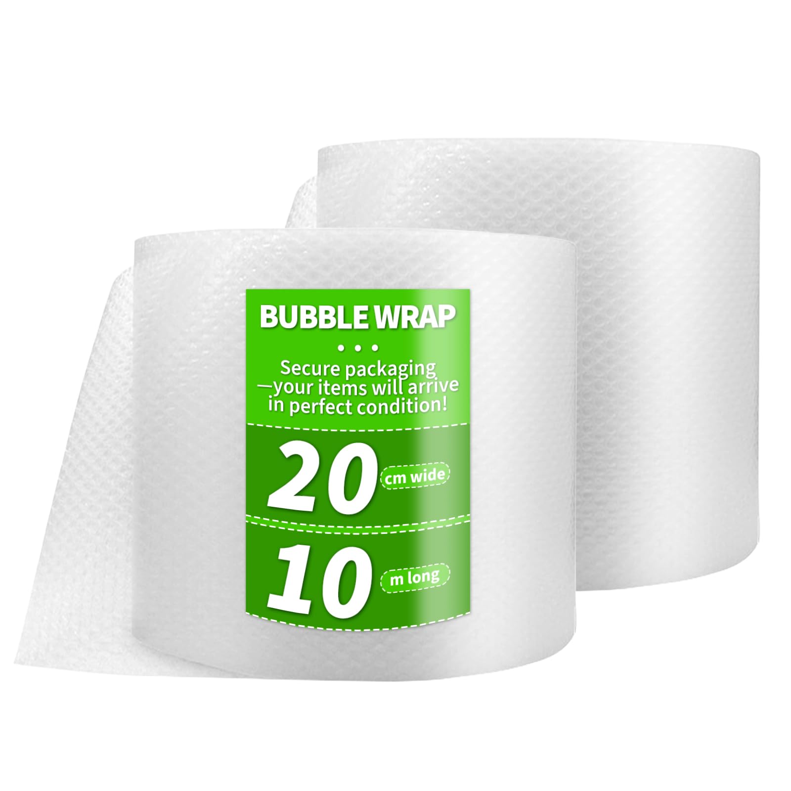 Rierousy Rollo de envoltura de burbujas, 10 m de largo x 20 cm de ancho, película de embalaje, película de embalaje, rollo de material de embalaje, lámina acolchada de polietileno, 2 rollos para