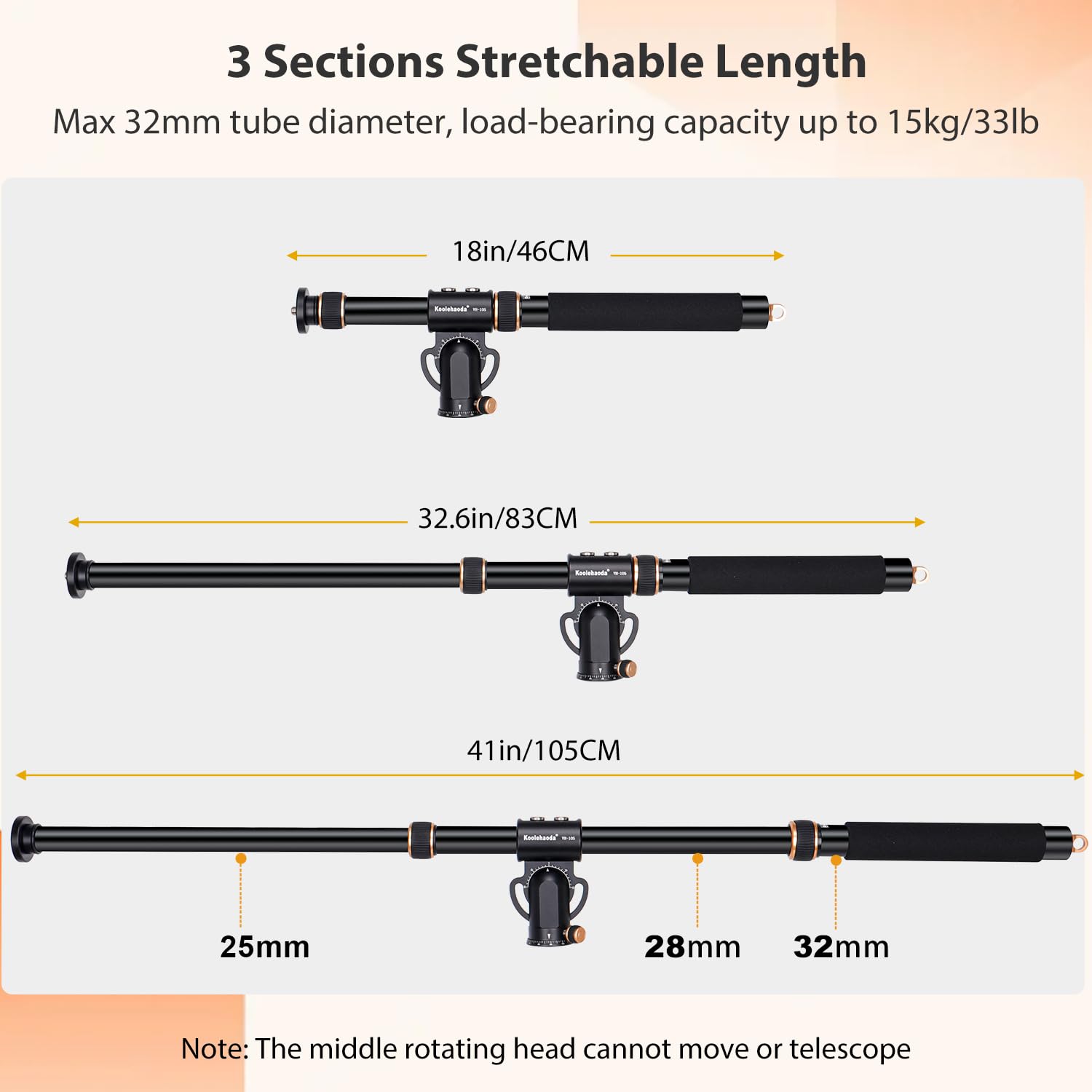 Koolehaoda Brazo de extensión de trípode de 105 cm Eje Central Horizontal Giratorio de 360 ​​​​° Brazo de extensión de trípode Ajustable verticalmente de 180 ° para cámara Fotografía aérea Macro