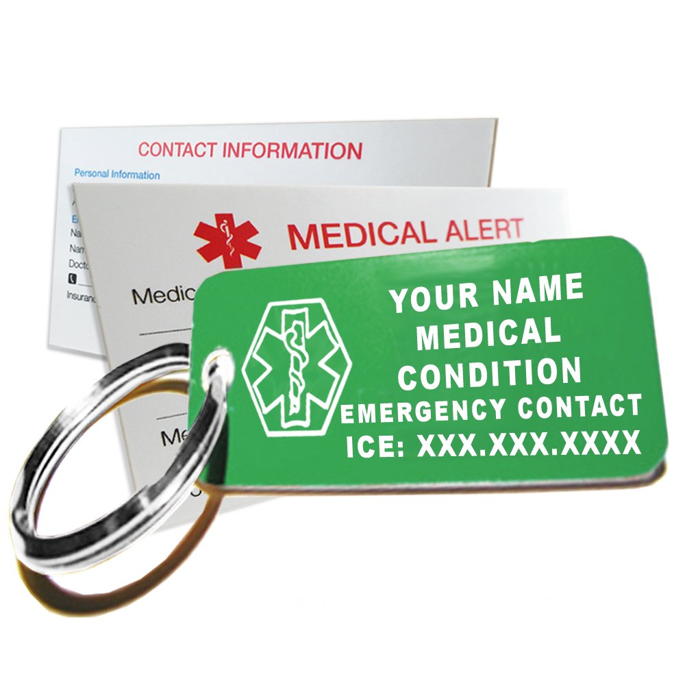 My Identity Doctor - Custom Engraved Medical Alert ID Keychain Tag, Plastic, Rectangle, Green, Small, 2.25 x .79 Inch