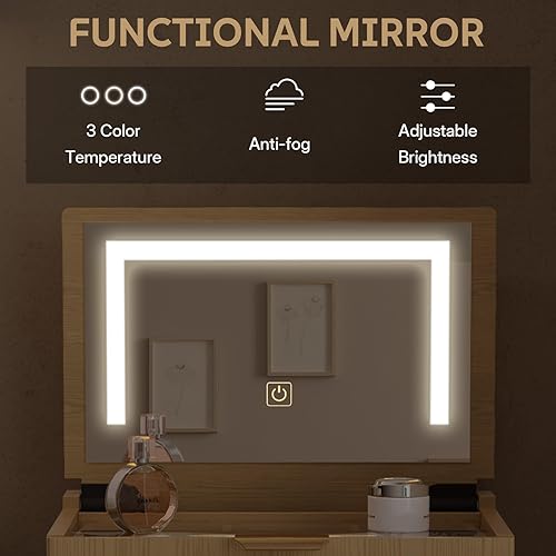 Miniatura 3 de Tocador de maquillaje – Pequeño escritorio de tocador con espejo y luces, tocador de maquillaje estrecho con tapa abatible para espacio pequeño, 3