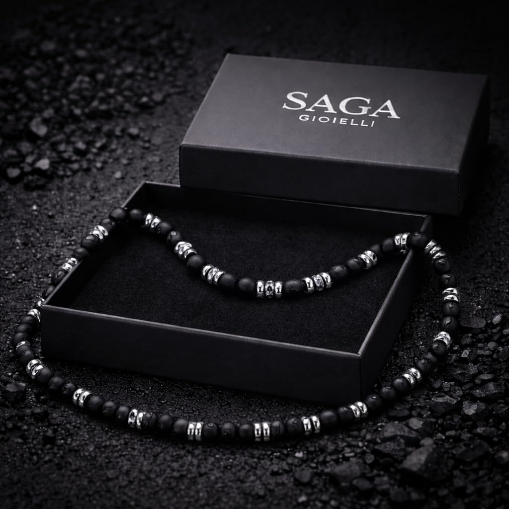 SAGA GIOIELLI® Collana Uomo con pietre naturali lapislazzuli e inserti in Acciaio Inox - Regalo Uomo Fidanzato Marito Acciaio - Confezione Regalo (Lunghezza 50 cm + 5,5 cm)