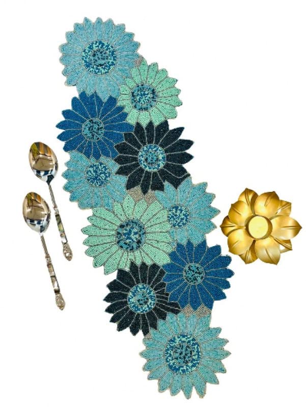 Image of Beautiful Silver Beaded Table Runner Craftsmanship |Pack of 1 Measure 13 * 36 Inches| Thanksgiving - Occasional Decoration Blue Sunflower Multi Flowers