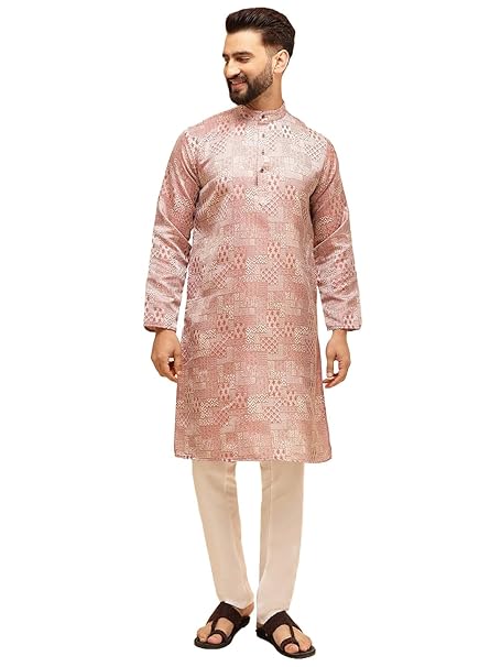 SOJANYA (Since 1958 Men's Jacquard Silk Woven Design Kurta with White Pyjama