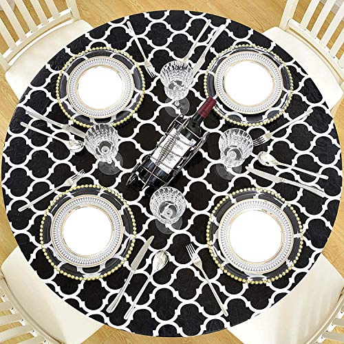 YipuGarden Round Fitted Vinyl Tablecloth with Flannel Backing Elastic Edge Waterproof Plastic Table Cover Tablecloth Tablecover for Outdoor Patio Kitchen and Dining Room Black Pattern Large 45in-56in