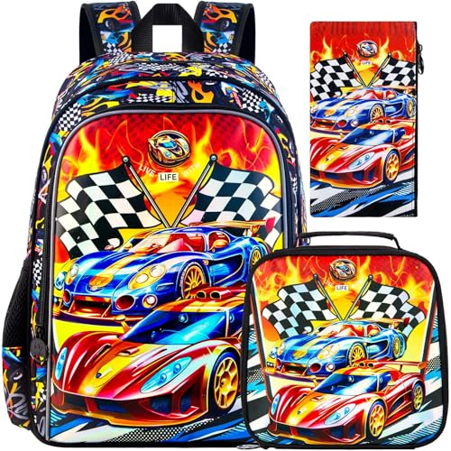 Image of HPJGD 3PCS Car Backpack for Boys, Water Resistant Kids Bookbag Set with Lunch Box, Cute School Bag for Preschool Toddler