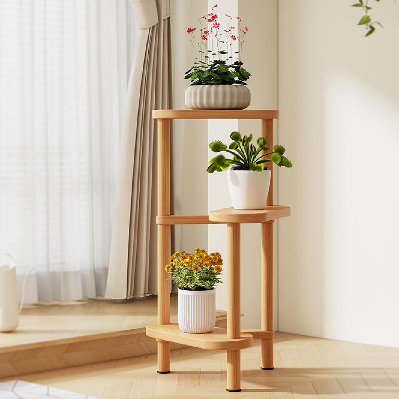 最安値，新作 天然木 フラワースタンド 花台 3段 鉢置き台 飾り棚