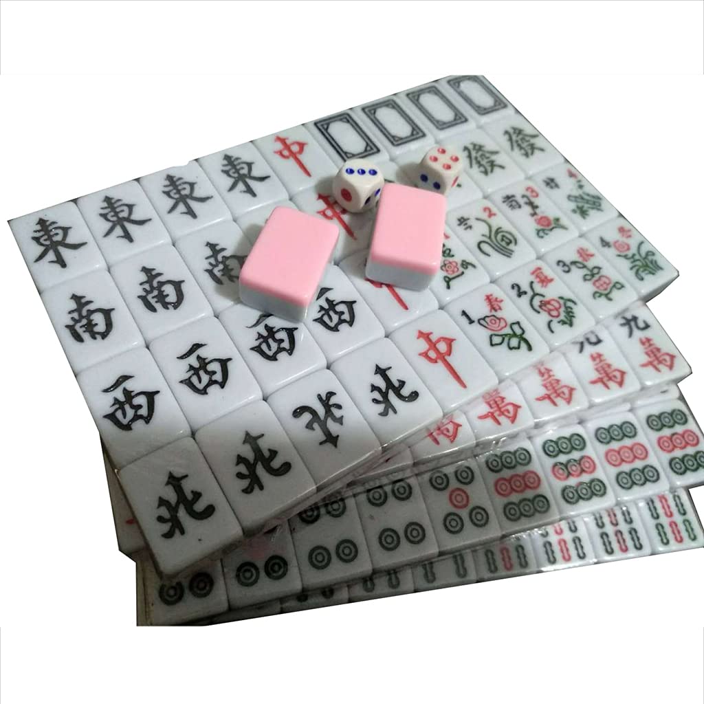 Chiński Mahjong，Mini Mahjong Tradycyjny， 144 kafelki melaminowe z obrusem i linijką do kart przenośny zestaw gier podróżnych Majhong(Roze)