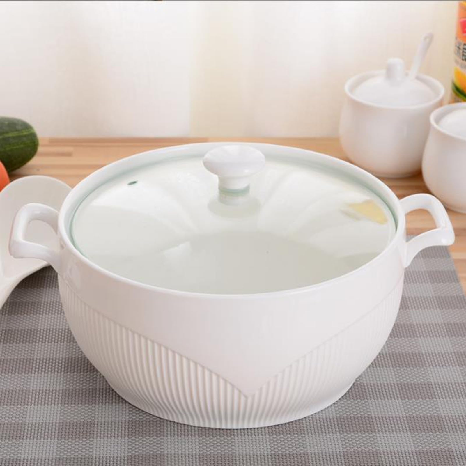 Vnook Marmite à soupe en céramique blanche, grande soupière avec couvercle en verre et louche, bol à soupe avec couvercle en diamant, marmite à soupe décorative for restaurant et maison(1500ml)