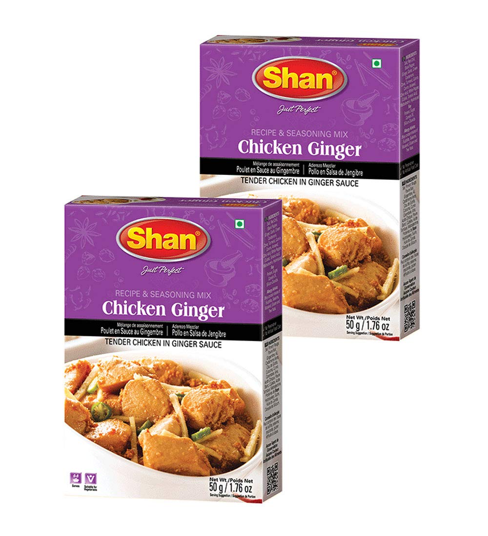 Shan Chicken Ginger Recipe and Seasoning Mix 1.76 oz (50g) - Spice Powder for Tender Chicken in Ginger Sauce - Suitable for Vegetarians - Airtight Bag in a Box (Pack of 2)