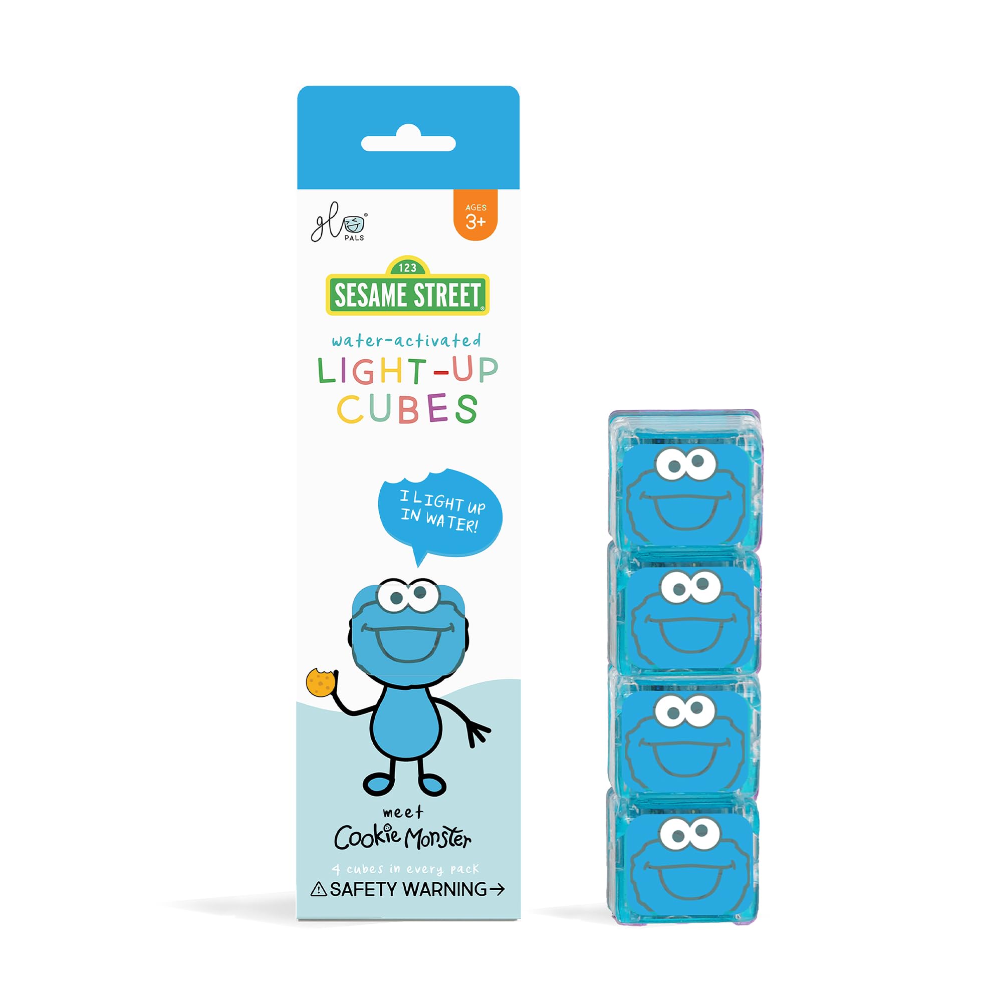 Glo Pals x Sesame Street Water-Activated Light-Up Cubes for Sensory Play (Cookie Monster - Blue)
