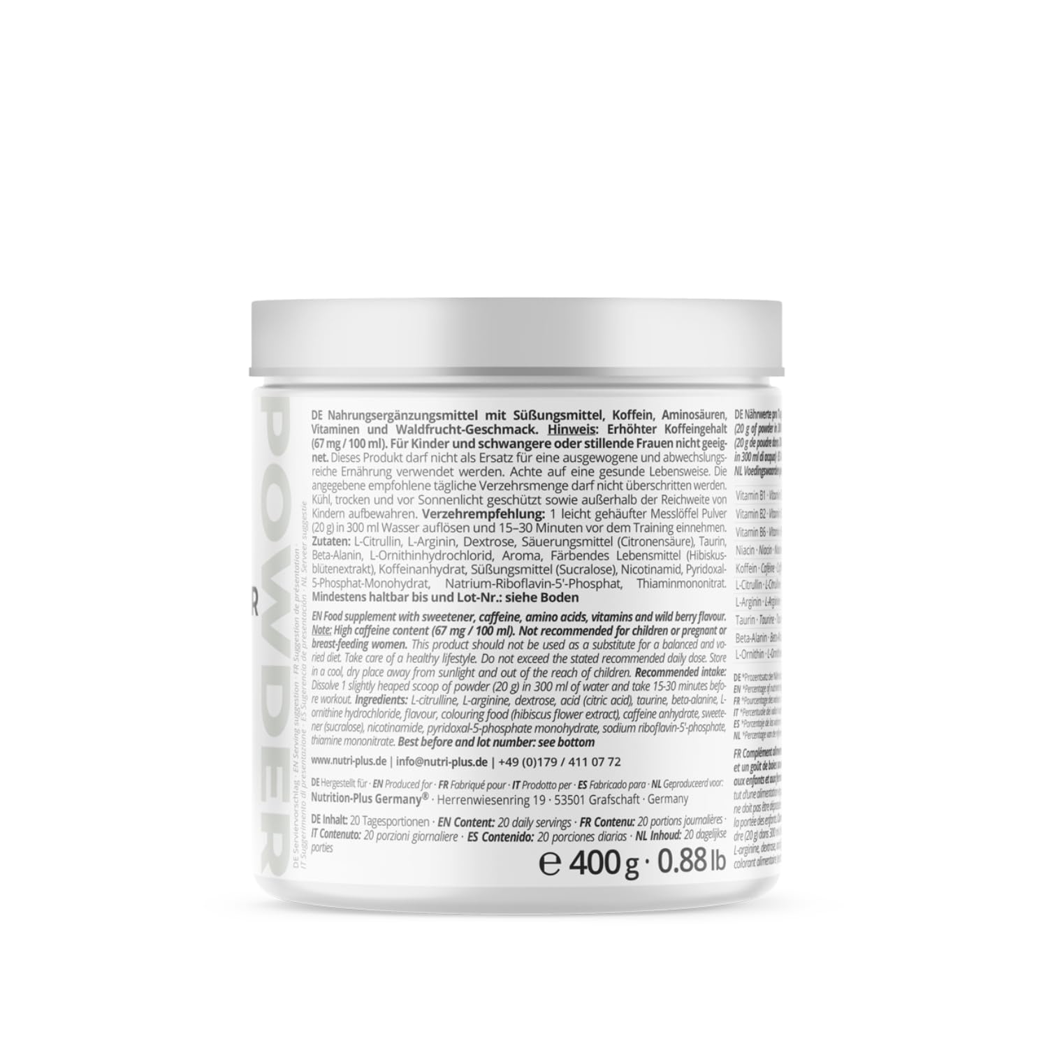 Nutri + Pre-Workout Booster Pump ohne Creatin - klumpenfrei, hochdosiert + vegan - Koffein Citrullin Arginin Beta-Alanin Taurin - Wild Berry 400 g