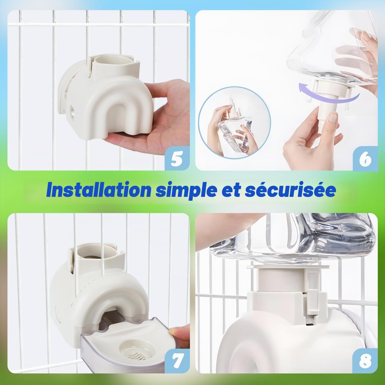 Nobleza Distributeur Eau Lapin 520ml - Abreuvoir Automatique avec Biberon Anti-Fuite, Installation Suspendue ou sur Pied, Design Flottant - Blanc