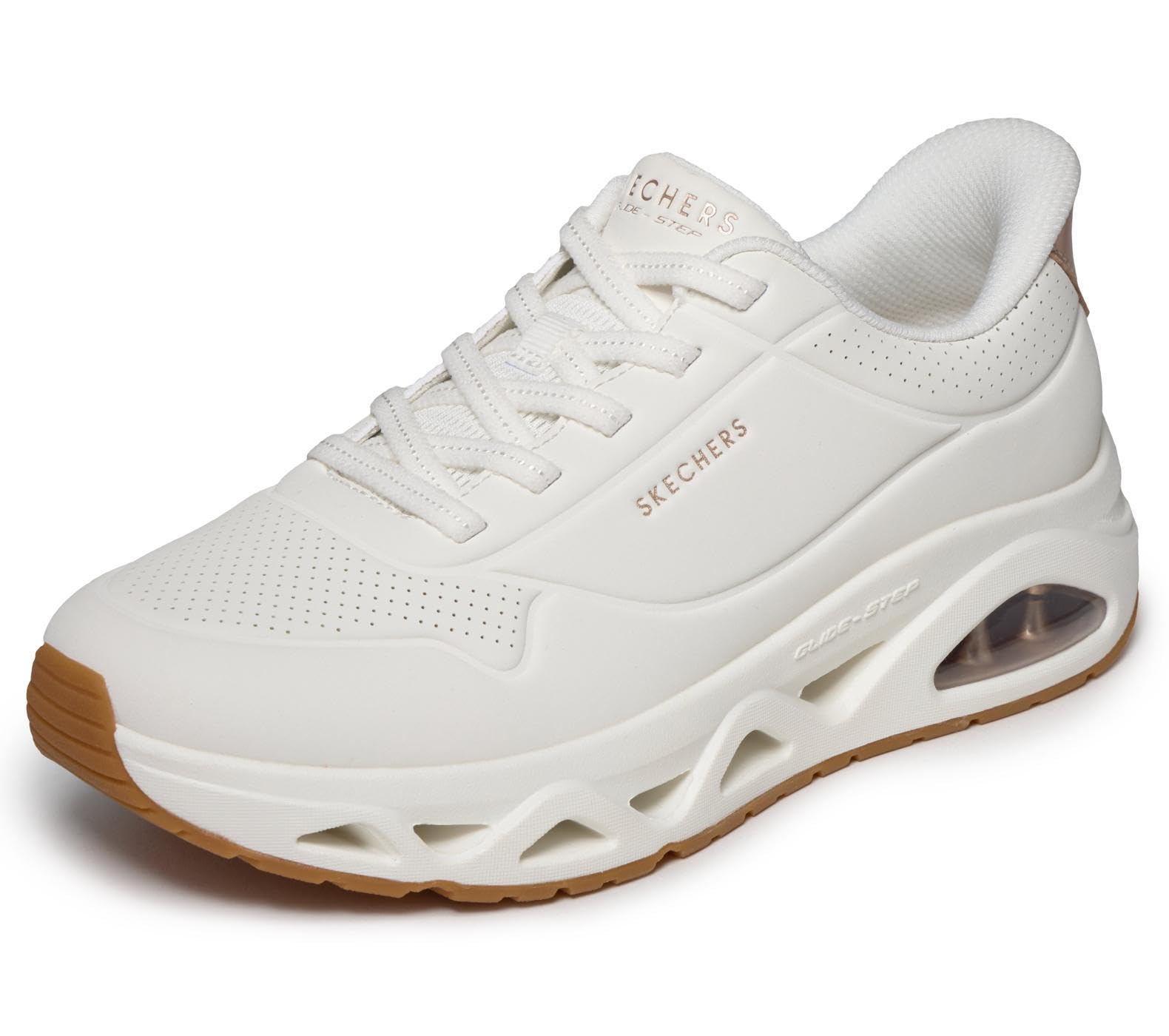 Skechers Women's Uno Glide-Step Glide On Air Sneaker, White Durabuck/Rose Gold Trim, 5.5 UK