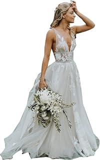 Women's Floral Lace Appliqued Wedding Dress Plunging Velvet Ribbon A Line Long Tulle Flowy Bohemian Bridal Formal Party Gowns