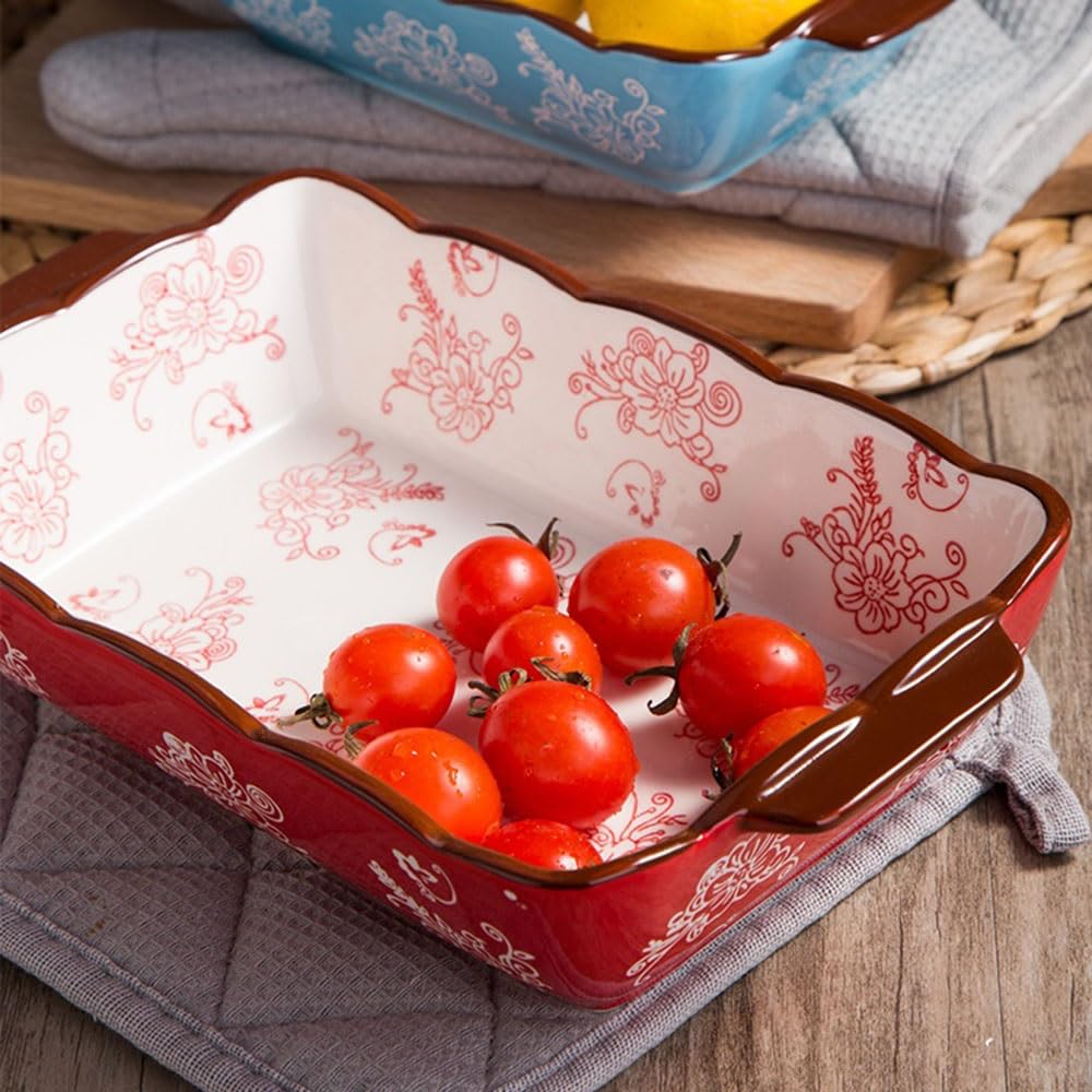 naczynie do pieczenia Czerwona wiśnia kwiatowa ceramiczna forma do pieczenia, prostokątna, dwuuchwytowa zastawa stołowa, naczynie zapiekania ryżu(Duży)