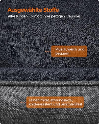 Feandrea Katzenbett, Hundebett, Hundekissen in Leinenoptik, erhöhte Ränder, rutschfeste Unterseite, Bezug abnehmbar waschbar, S, für Minihund, 60 x 50 x 21 cm, dunkelgrau PGW009G01