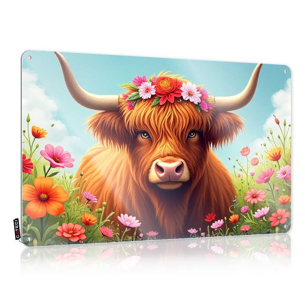 Fzfn Colour Decoration Backyard Bar Decor Wall Decor | Highland Cow In A Flower Garden Weathered For Garage Home(30X40cm)
