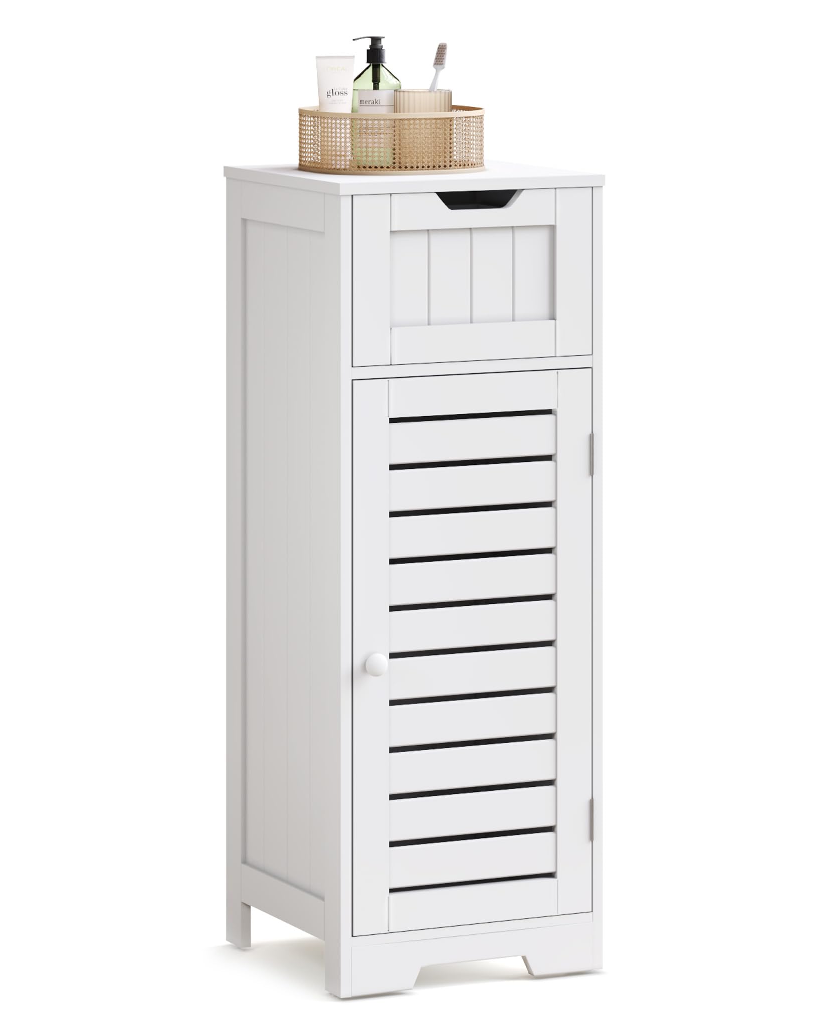 Mondeer Meuble Salle De Bain Blanc - Armoire Rangement 4 Tiroirs + 1 Porte Persienne 56x30x82 Cm