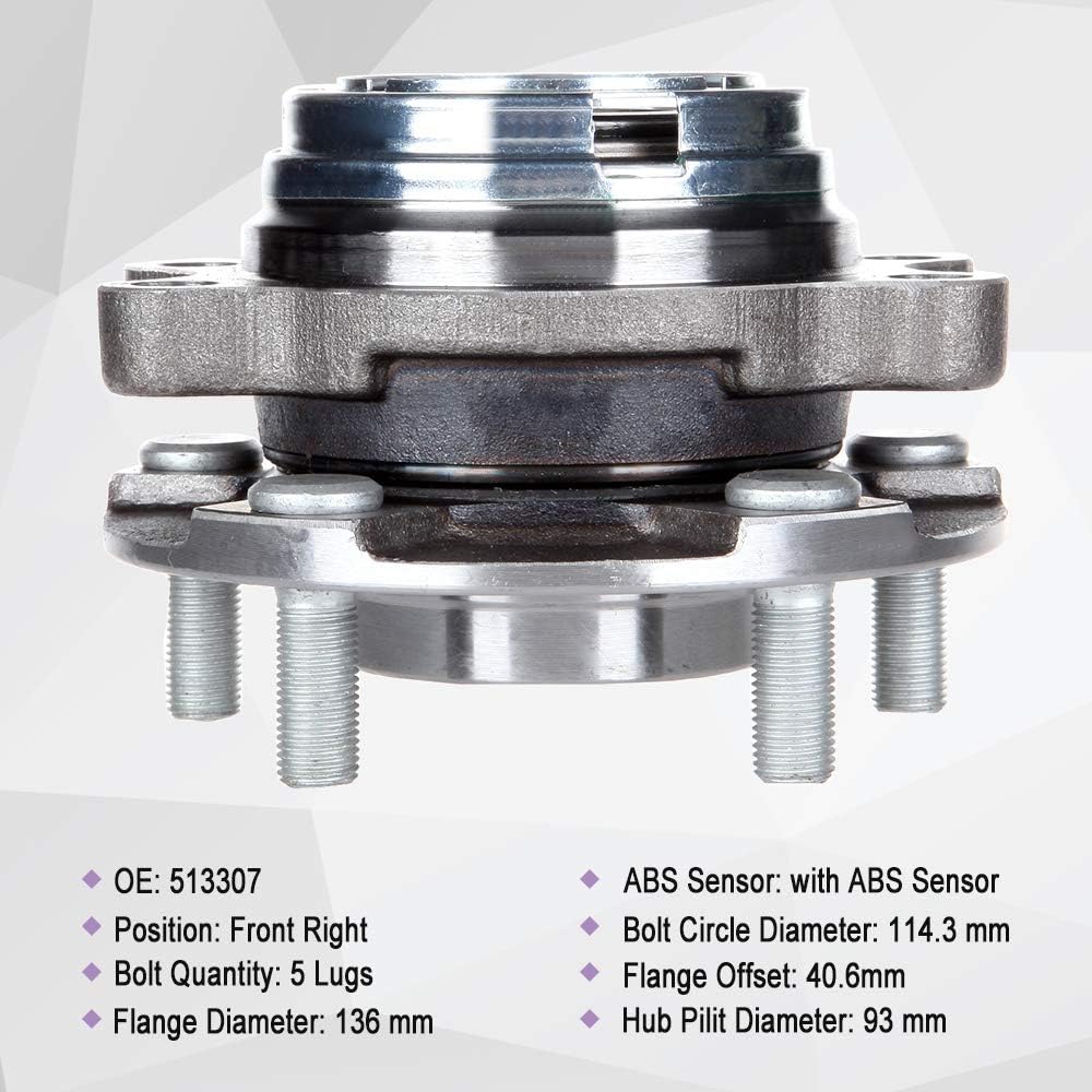 ROADFAR Wheel Hub Assembly Front Right Kit 513307 fit for 2009-2015 for Nissan Murano 2011 for Nissan Quest Hub Wheel Bearing Assembly Passenger Side 5 Lugs with ABS Sensor