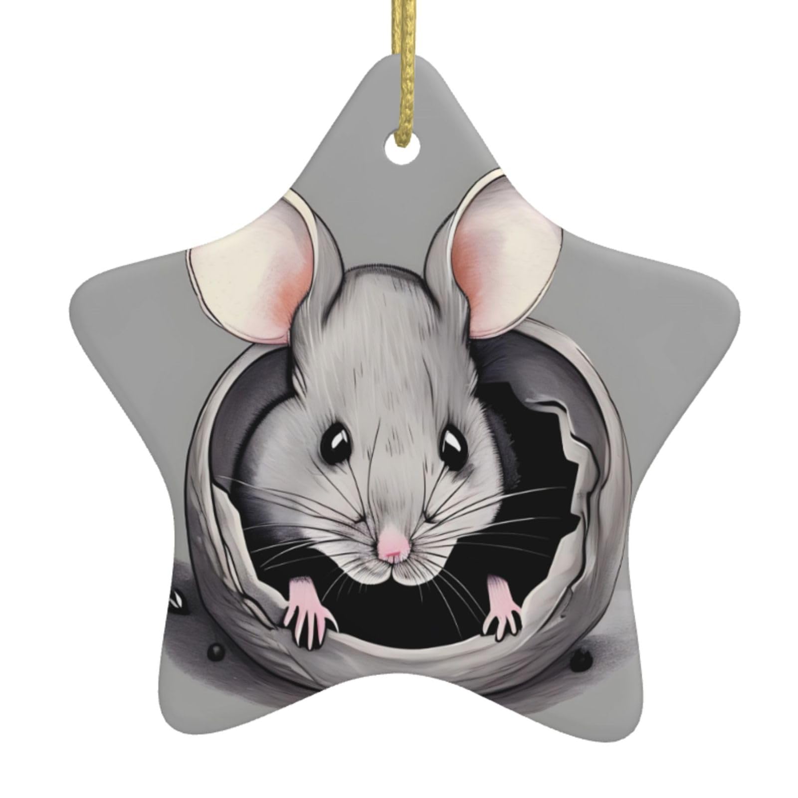 Grey Rat Christmas Ceramic Star Pendant with Punched Holes and Gold Wire Rope, Christmas Tree Home Decoration