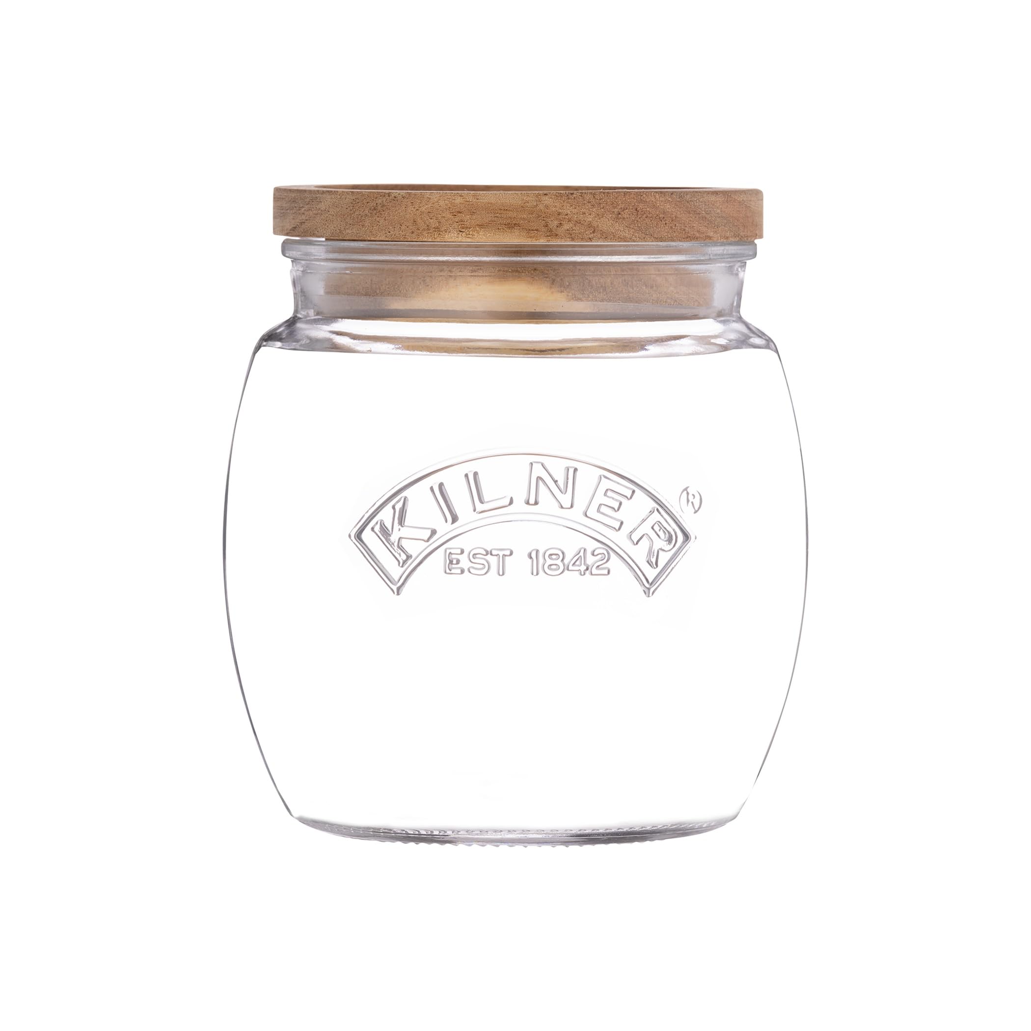 Kilner Universal Jar Wooden Lid 0.85 Litre Glass Food Container With Silicone Seals Kitchen Pantry Storage For Dry Food Like Grains, Pasta And Cereals