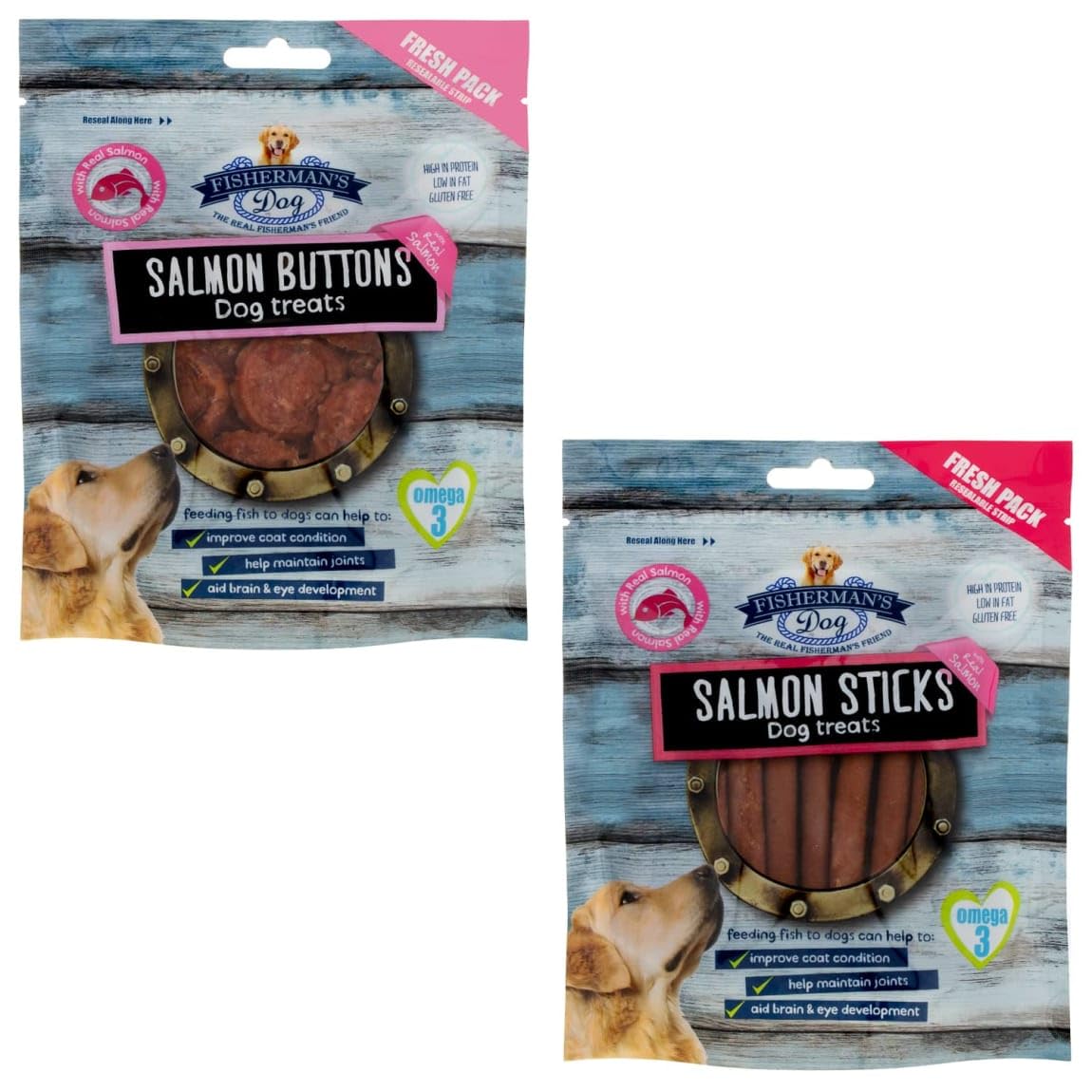 ark future Fisherman's Dog Treats – 2 x 100g Pack – All-Natural, High-Protein Fish-Based Dog Snacks for a Healthy, Delicious Treat (Salmon Buttons & Salmon Sticks)