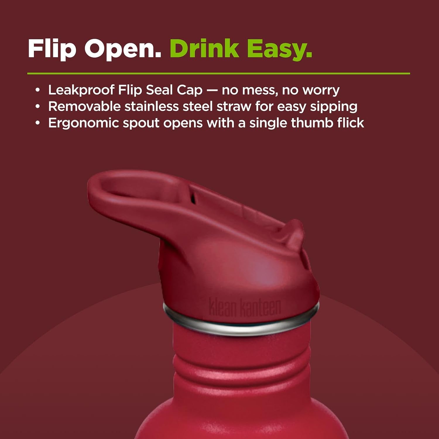 Klean Kanteen 27 oz Classic Water Bottle with Flip Seal Sport Cap & Straw - 100% Leakproof Spout & Cap - BPA-Free Stainless Steel - Easy-Sip Water Bottle - Cupholder Friendly - Garnet
