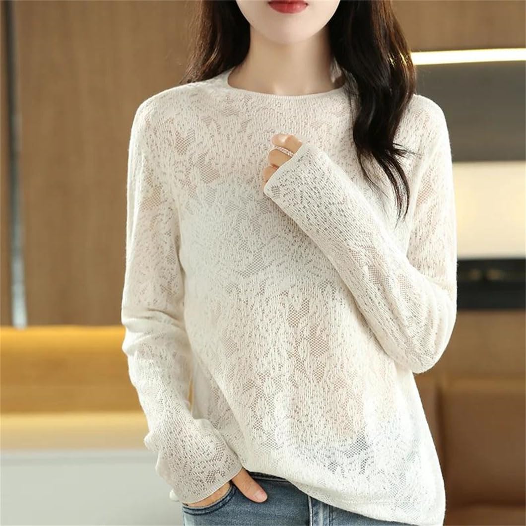 Maglione da donna in lana sottile, maglia a maniche lunghe in seta traforata morbida