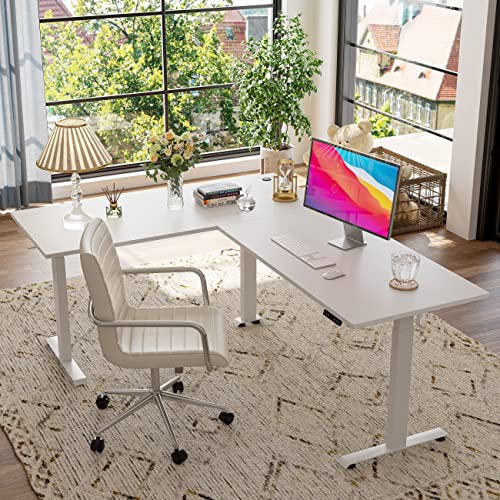 Image of FEZIBO 75 Inches, Supports Over 300lbs, Large L Shaped Standing Desk, Electric Height Adjustable L Shaped Desk, Suitable for Home Office, White Frame /White Top