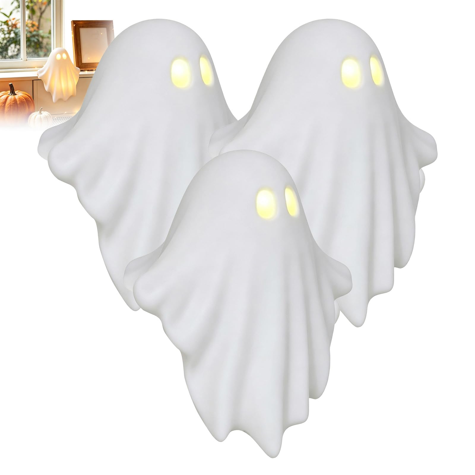 Light Up Ghost Decorations, Mini Halloween Ghost Ornament with Warm LED Light, Lamp for Shelf & Desk Home Decor, Ghosts Halloween Decorations for Table Bookshelf Mantel Entryway Bedroom (3Pcs)