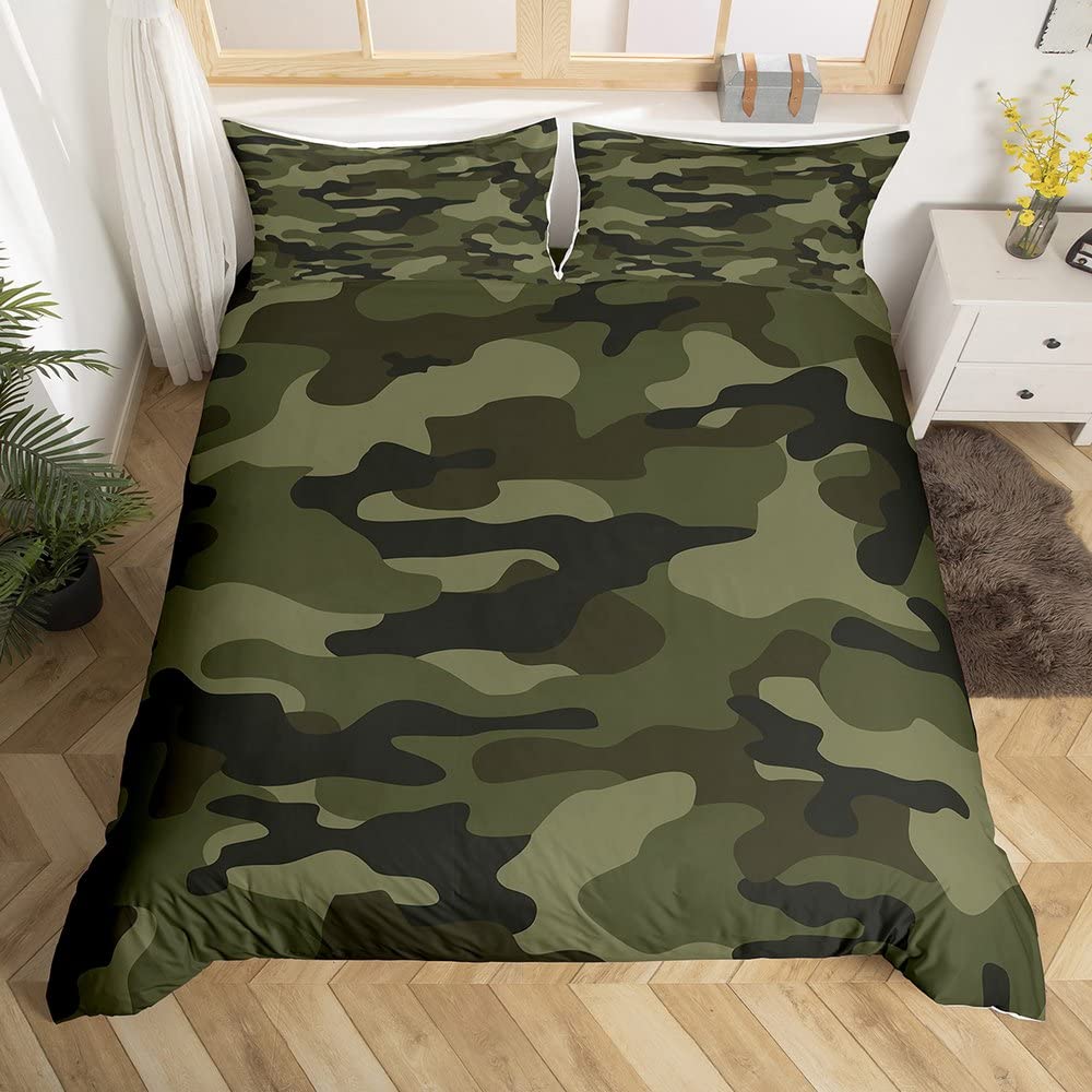 Homemissing Camouflage Bedding Set for Kids Boys Girls Camo Comforter Cover Set Camouflage Duvet Cover Bedroom Decor Military Style Green Bedspread Cover Double Size Bedding Collection