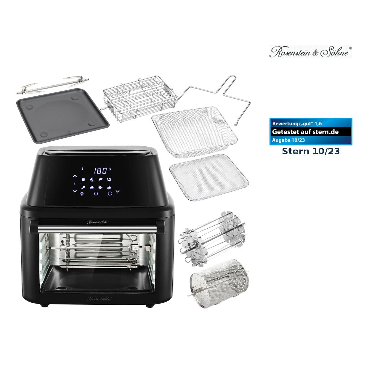 Rosenstein & Söhne Minibackofen: Digitale XXXL-Heißluft-Fritteuse & Umluft-Backofen, 8 Programme, 16 l (Mini Ofen, Heißluftfritteuse mit Drehkorb, Pizza)