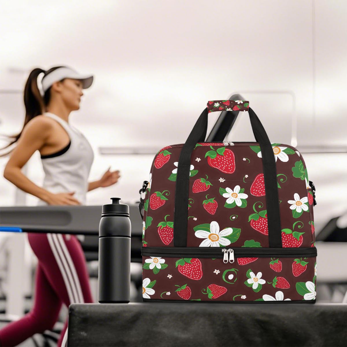 Borsone da viaggio pieghevole con grazioso fiore di fragola, espandibile, con scomparto per scarpe, grande capacità, borsa da weekender, per viaggi, sport, viaggi notturni