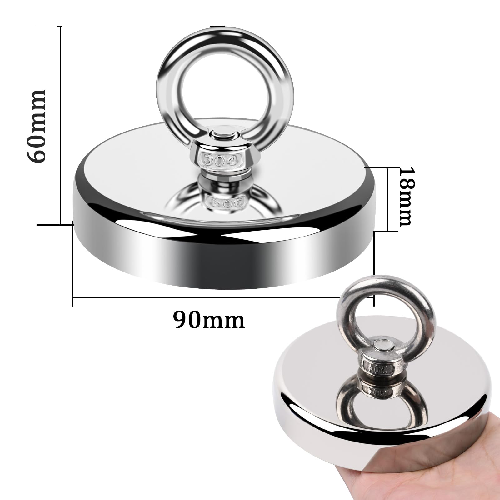 90mm Magnete da Pesca Calamite Potenti Forza Magnete Potente Neodimio Super Magneti Fishing con Anelli,per Industria e Scienza 1Pezzi