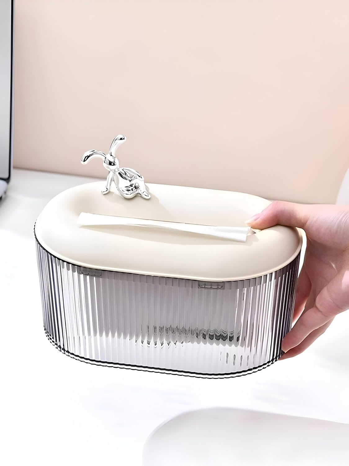 AMPLIN Elegant Glass Tissue Box Holder with Chrome Bunny Figurine, Ribbed Design Storage Container, White Lid, 21x14x12cm 4