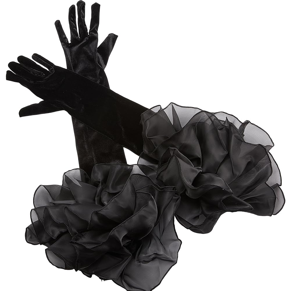 CABODYALS Black Satin Wedding Gloves Long Retro Formal Soft Velvet Stretchy Mittens with Sheer Tulle Ruffle Pleated Cuff Over Elbow Glove for Adult Women Costume Bridal Evening Dress Halloween Cosplay