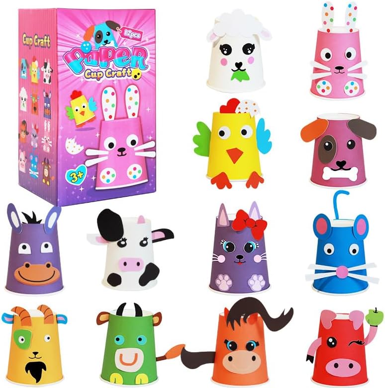 12PCS Animal Themed Party Cups for Kids, Disposable Drinking Cups with Toy Sticker Crafts, Cartoon Birthday Party Supplies