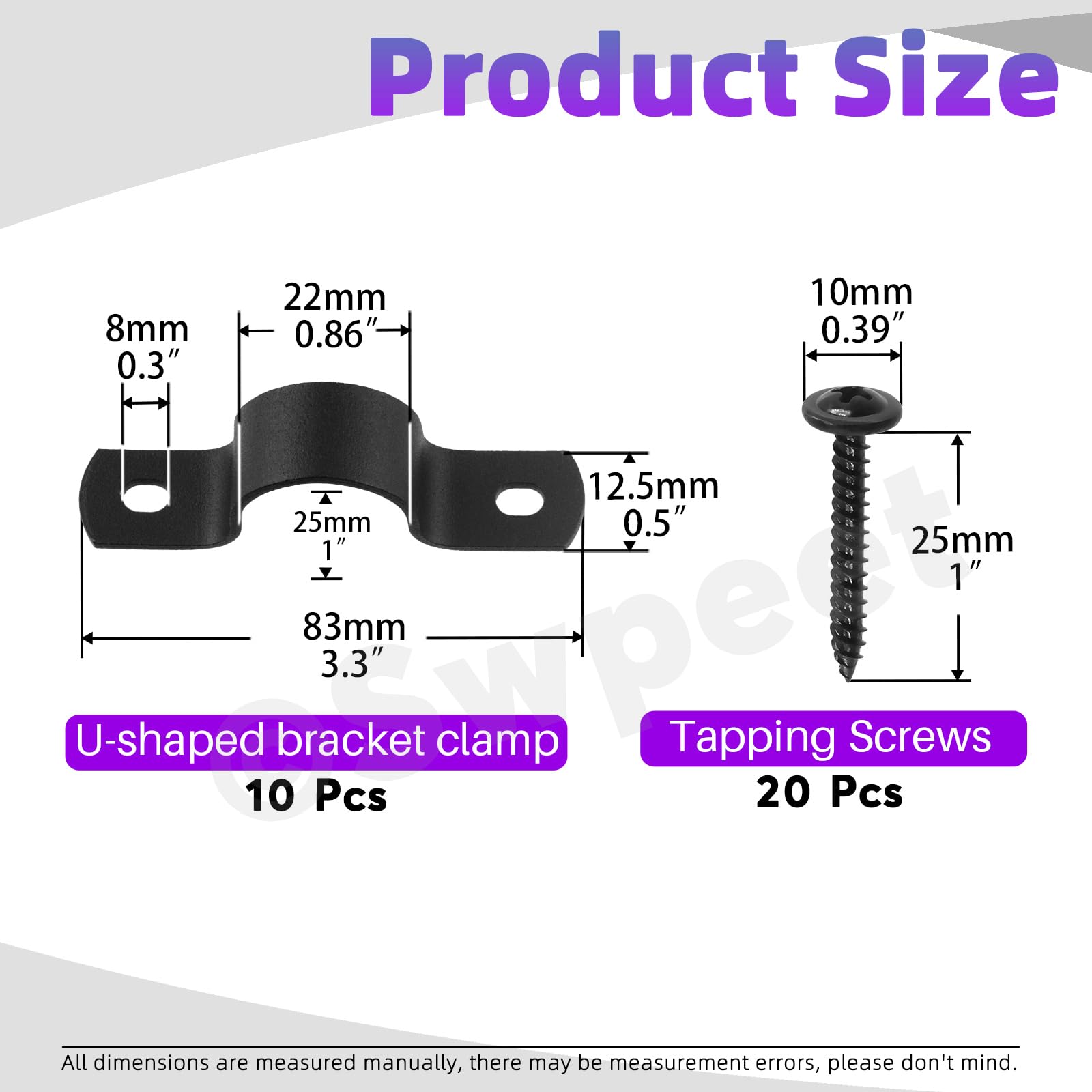 Swpeet 10Pcs 20mm Two Hole U Bracket Clamp with 20Pcs Self-Tapping Screws Kit, U-Clamps, Metal Pipe Clamps, Pipe Strap Clamps, Conduit Tension Clips for Fixing Pipe or Cable - Image 2