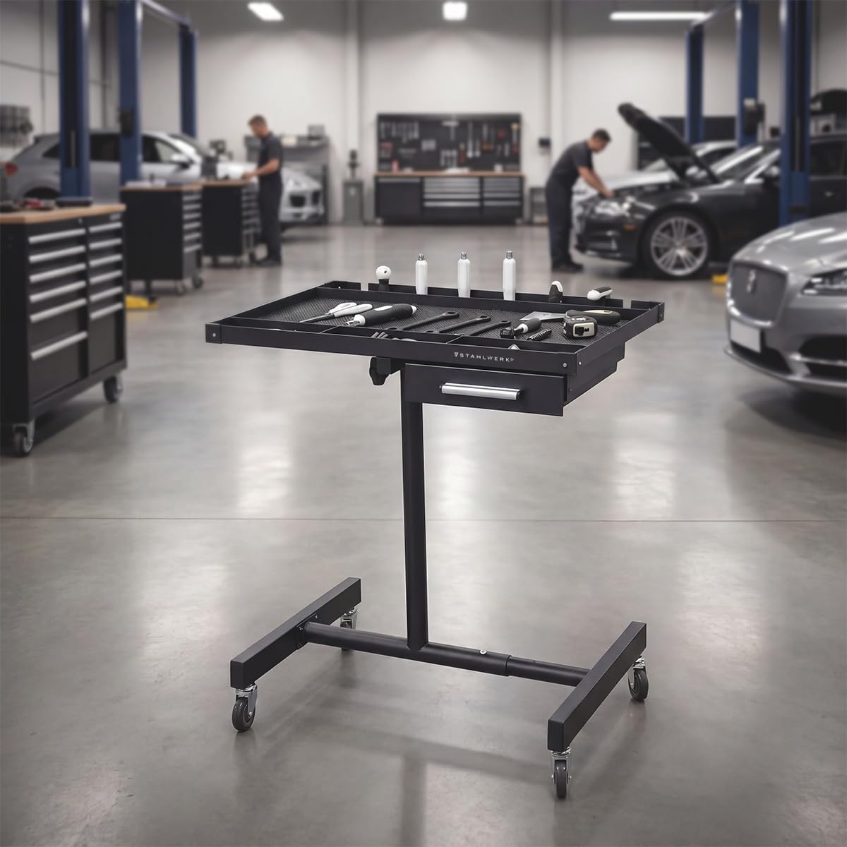 STAHLWERK Mesa de trabajo regulable en altura de 87,3 a 125 cm, capacidad de carga de 100 kg | Banco de trabajo móvil con 4 ruedas giratorias, garaje, taller, bricolaje