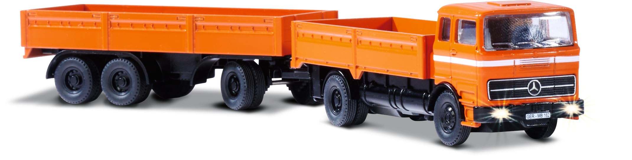 Carson 1:87 MB 1620 Pritsche mit Anhänger 100% orange - Fahrfertiges Modell, RC Auto, H0 Auto,RC Modell,Diorama Fahrzeug, Ferngesteuerter LKW, Remote Controled Truck