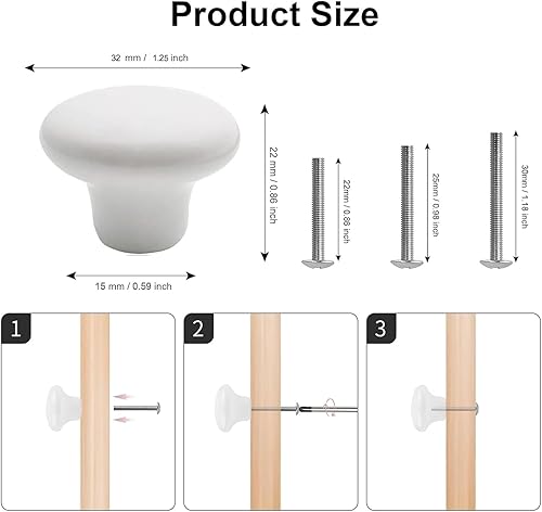 Miniatura 2 de 4 pomos de puerta blancos redondos retro para cajones de cerámica, armario, cocina, aparador, pomos de 1.260 in con tornillos de 3 tamaños