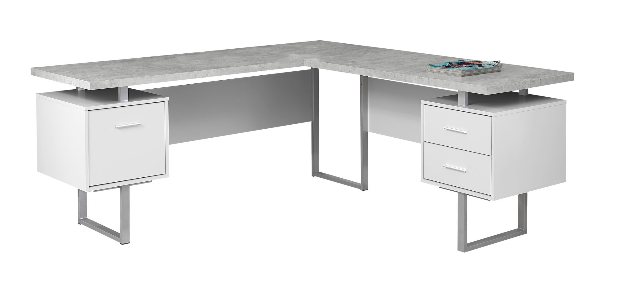 Monarch Specialties Computer 70" L Desk Left/Right Facing - White/Cement Look and White Hollow-Core 3 Drawer File Cabinet on Castors