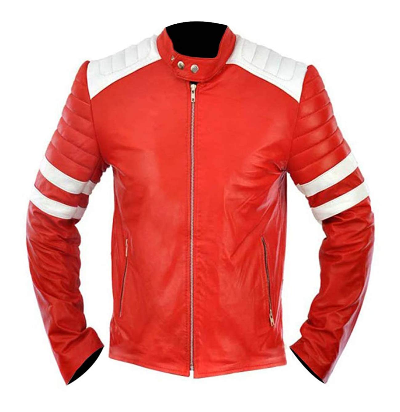 CHICAGO-FASHIONSMens Hybrid Retro Mayhem Club Brad White Stripes Biker Red Synthetic Leather Jacket