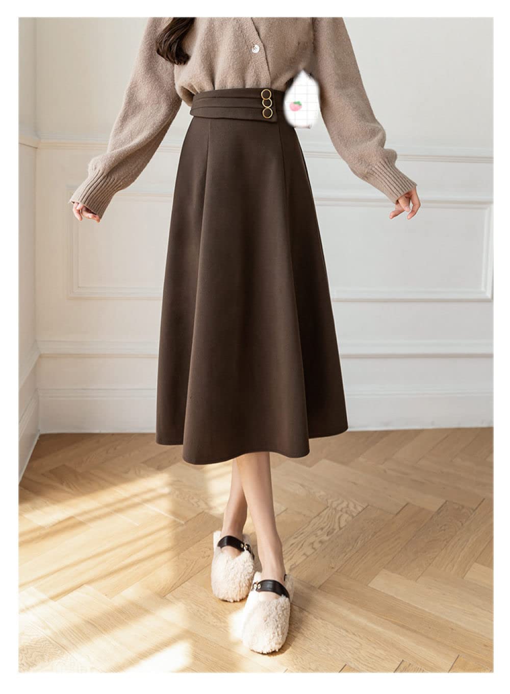 Gonne Lunghe Invernali, Decorazione Bottoni in Vita Gonne Invernali Spesse Marroni Gonna di Lana Elegante A-Line Vita Alta Gonne Vita Elasticizzata Midi Gonna Ampia A Balze A Pendolo