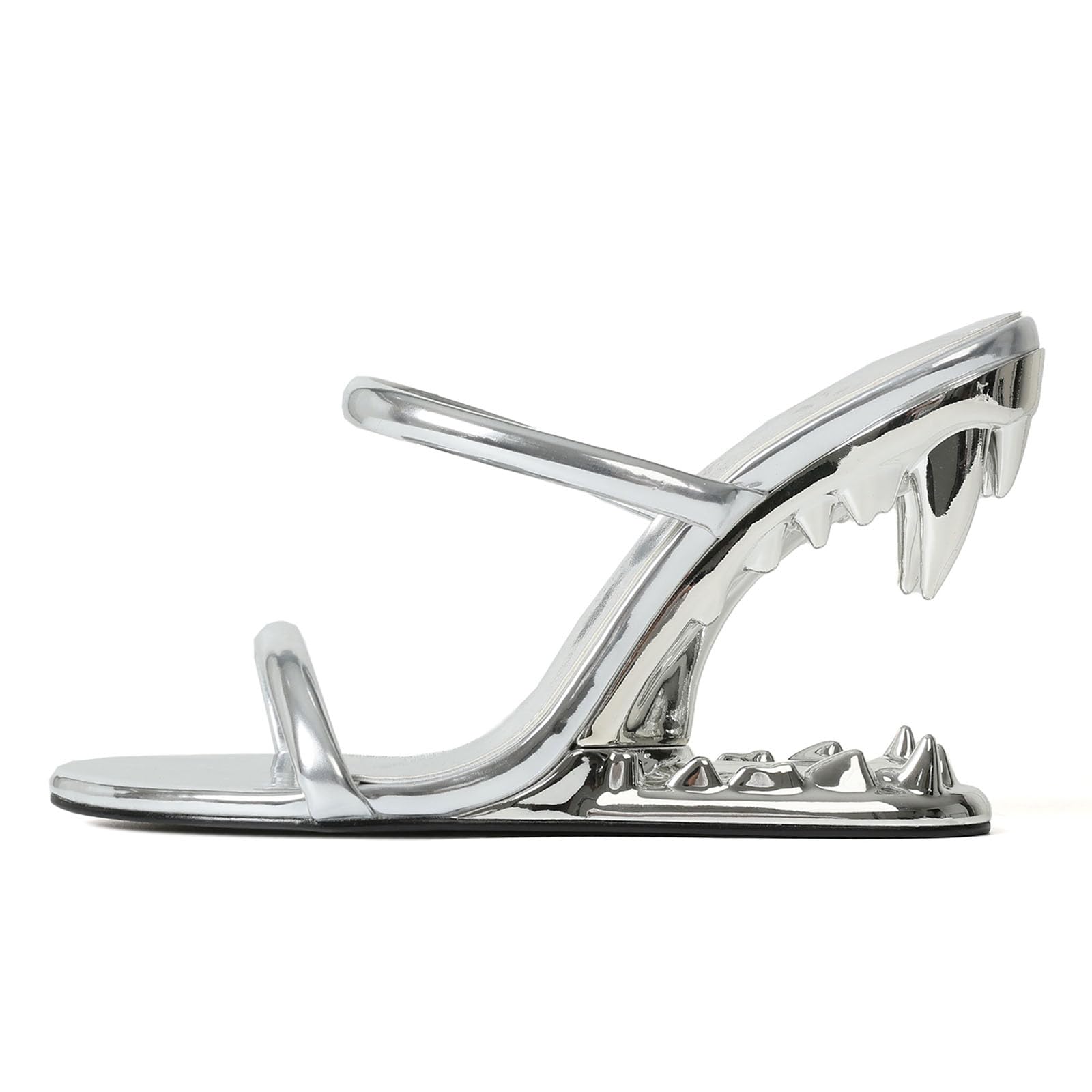 Goiphrri Wedge Sandals for Women Strappy Heels Round Open Toe Heels Metallic Shark Tiger Teeth heeled Sandals Flip Flops Thong Womens Mules Slip on