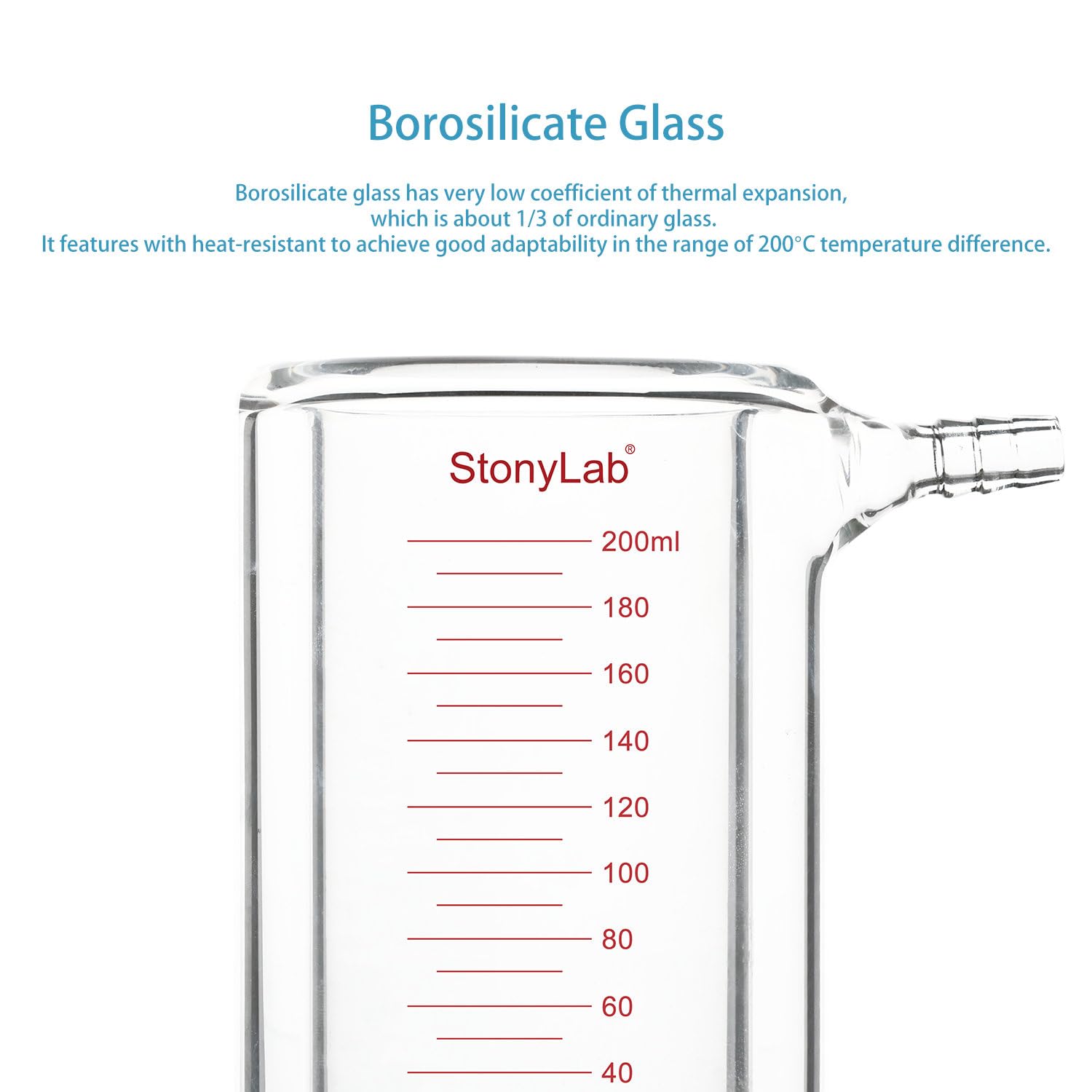stonylab Becher a Doppia Parete in Vetro, 200 ml, Borosilicato Graduato, Fondo Piatto, Doppio Strato per Reazioni da Laboratorio