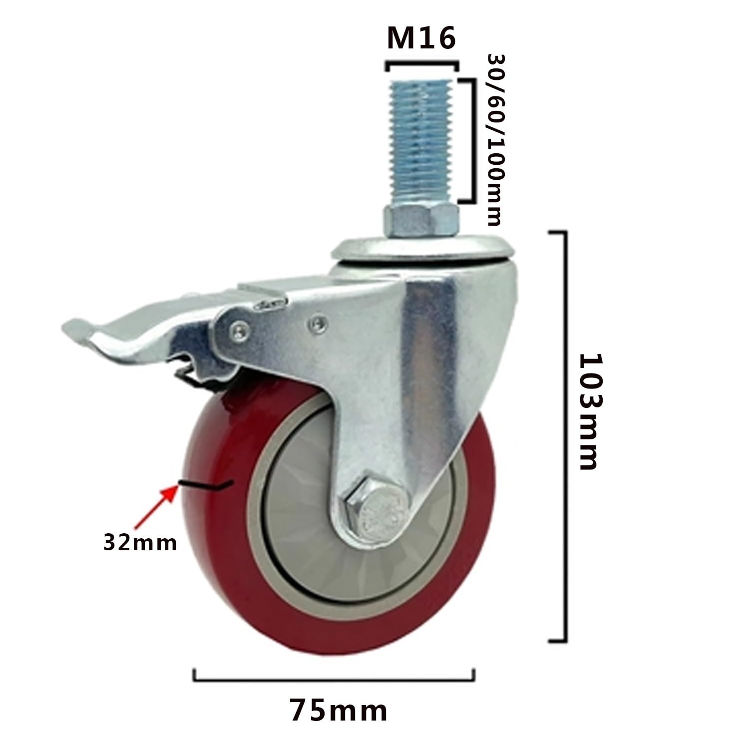Lot de 4 roulettes verrouillables en polyuréthane avec filetage M16 pour roulette en fourrure - Résistantes à l'usure - Idéales pour le bureau et la maison - 75 mm