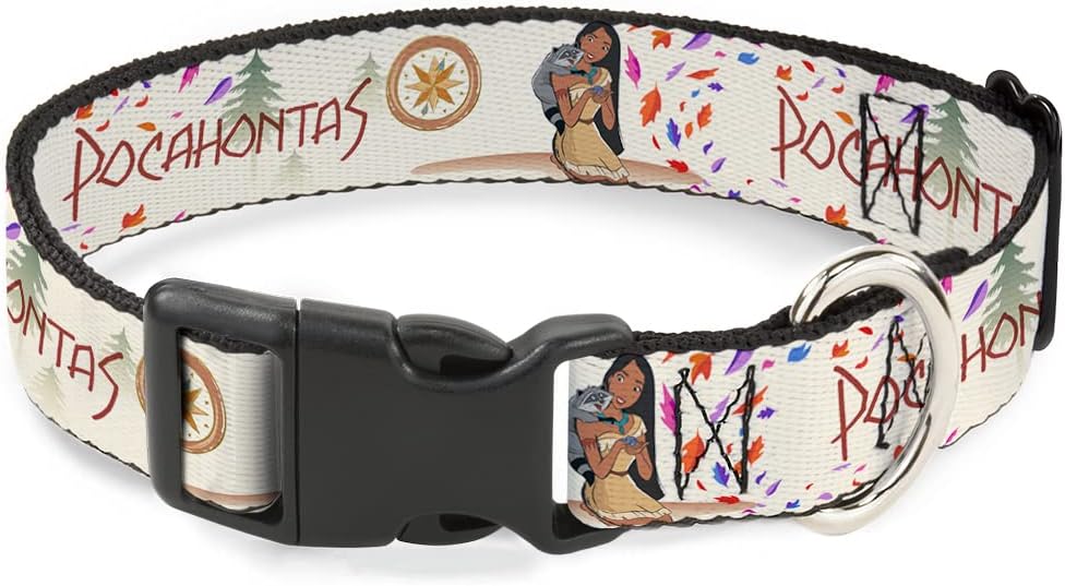 Buckle-Down Dog Collar Plastic Clip Pocahontas and Meeko Compass Pose with Script and Leaves Beige 20 to 31 Inches 1.5 Inch Wide