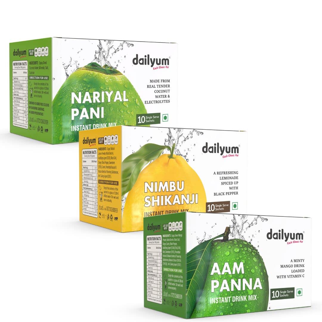 Dailyum Instant Drink Mix Box | Nimbu Shikanji, Aam Panna & Nariyal Pani | Pack of 3, 30 Sachets | Each Box of 10 Single Serve Sachets |150g X 3-image-40